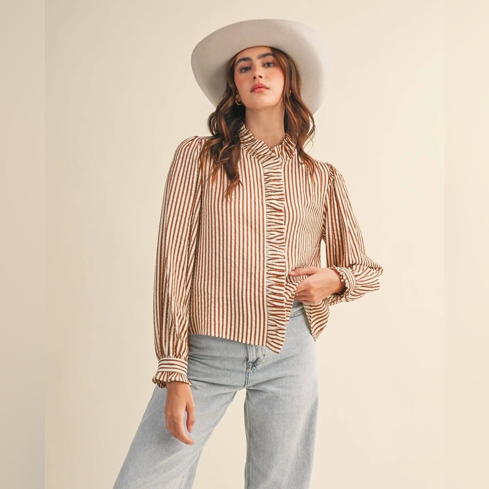 Ruffle Button Down Rust Stripe